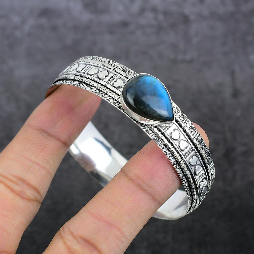 Natural Labradorite Gemstone 925 Sterling Silver Cuff Bangle Adjustable V3W87