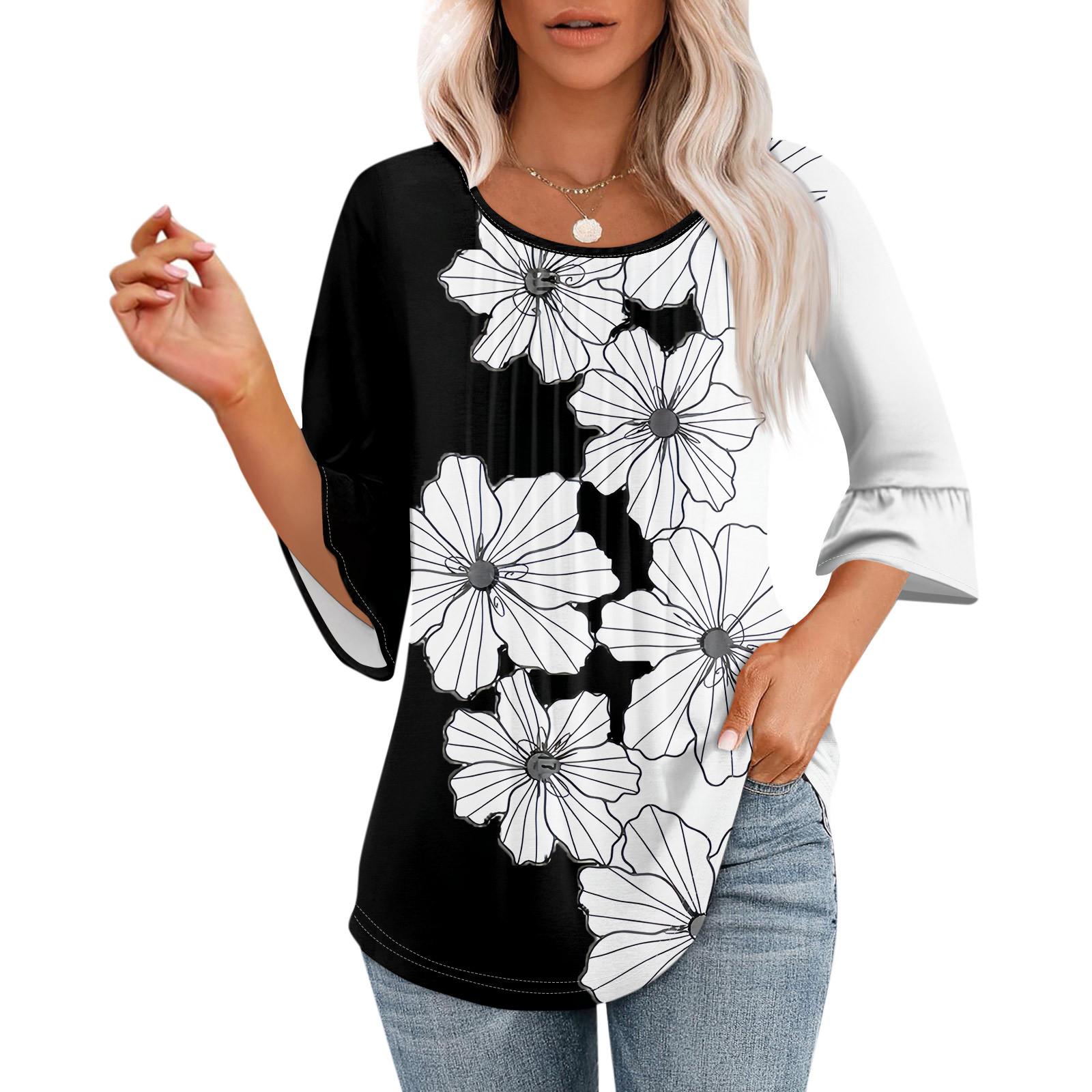 

Женские топы с рукавами-колокольчиками 3/4, летние плиссированные рубашки с круглым вырезом, модные нарядные повседневные блузки-туники свободного покроя XL белый