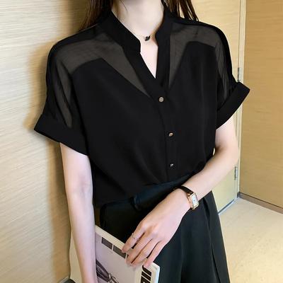 Women's Summer V-neck Temperament Short-sleeved Chiffon Shirt Button Splicing Loose Commuter Blouse