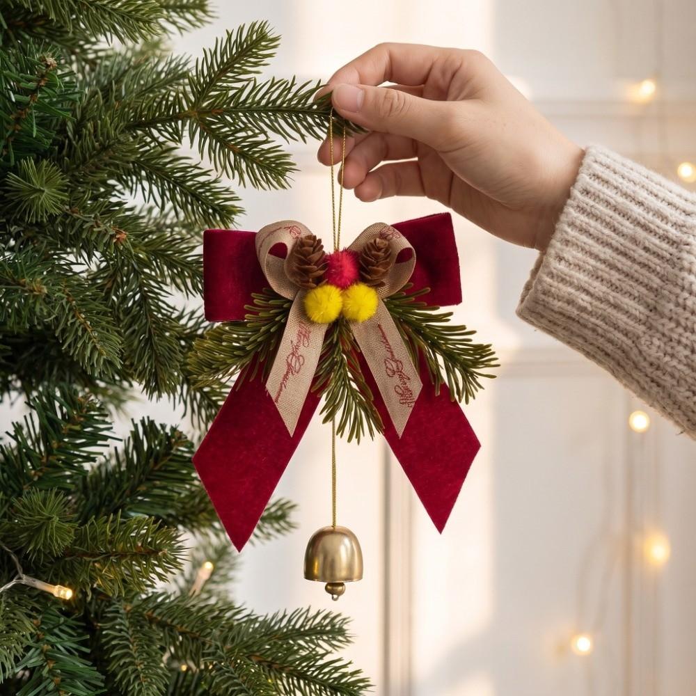 PVC Pine Needle Pinecone Christmas Tree Decor Bow with Bell Xmas Ornaments Christmas Tree