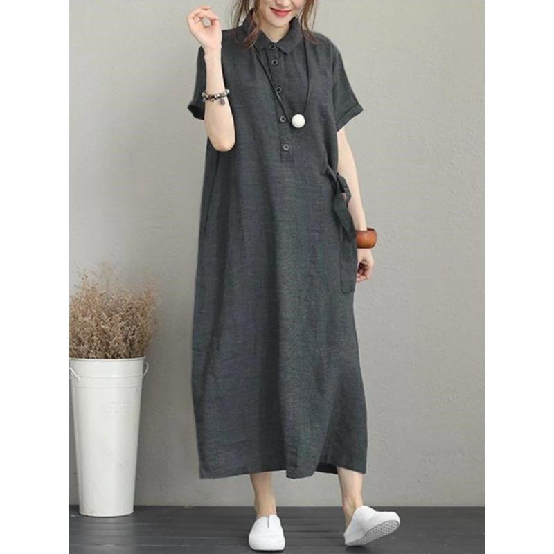 POLO Collar Cotton Linen Short Sleeved Loose Pocket Temperament Women's Casual Dress Black Summer Dress Women White Dress