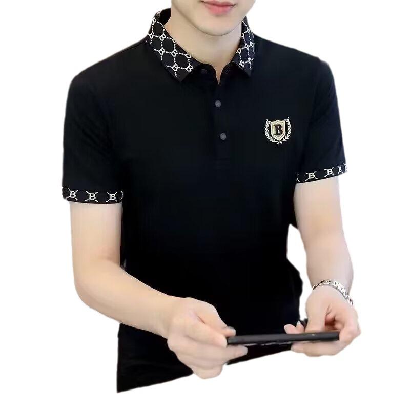Men's 2024 Summer Hong Kong Style Slim Fit Embroidered Polo with Color-Matched Lapel Short Sleeves