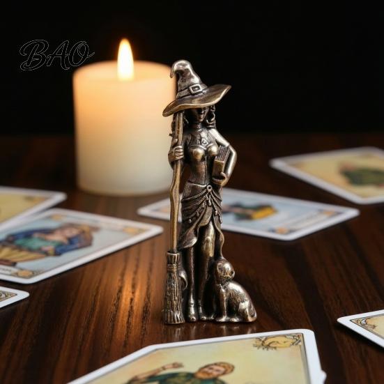 Niche Gothic Room Accessories Brass Witch Statue with Cat, Vintage Metal Figurine, Collectible Fantasy Decorative Desk Ornament Halloween for
