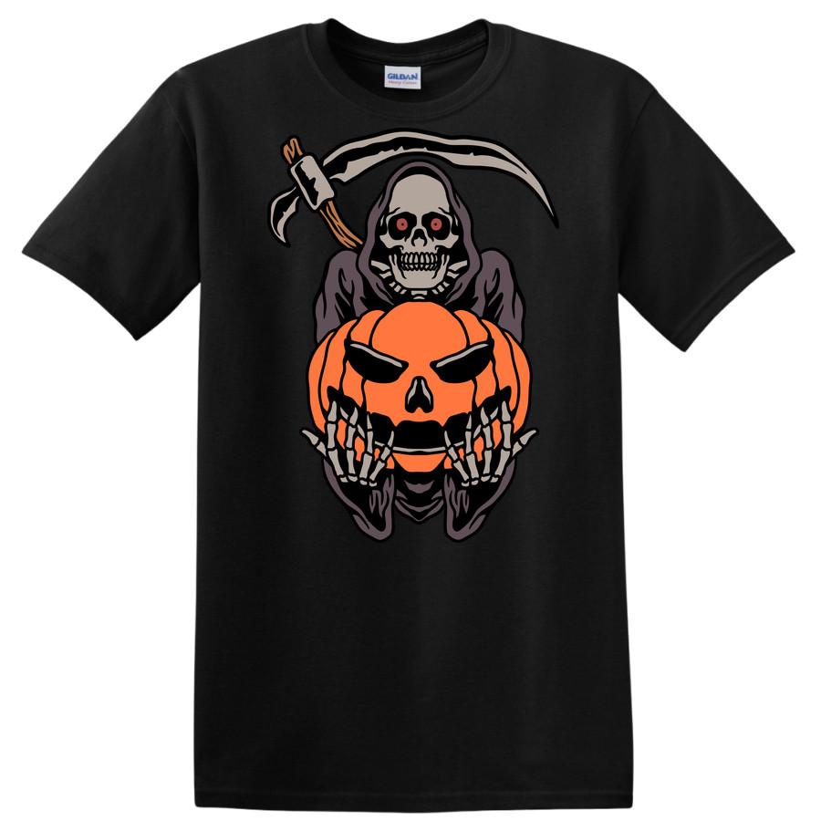 Grim Reaper Halloween T Shirt w/ Skeleton Pumpkin Graphic Funny Tee Design L