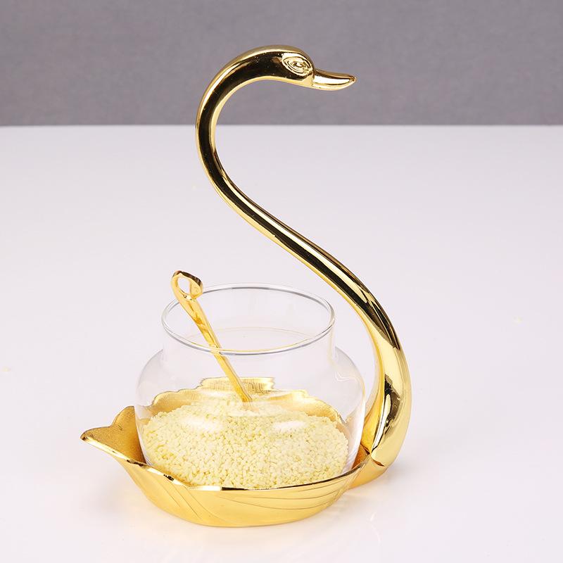 Home daily fashion creative cute Korean swan sugar cup swan seasoning can box metal creative swan with spoon