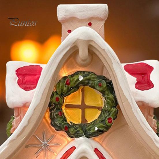 Red Door Holiday Decoration Mini Christmas House Figurine Small Resin Snowy Village Statue with Snow-covered Roof Decor Wreath And Pine Trees