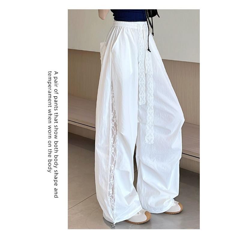 Pantaloni Larghi da Donna Extra Lunghi con Pannelli Laterali in Pizzo Vita Elasticizzata