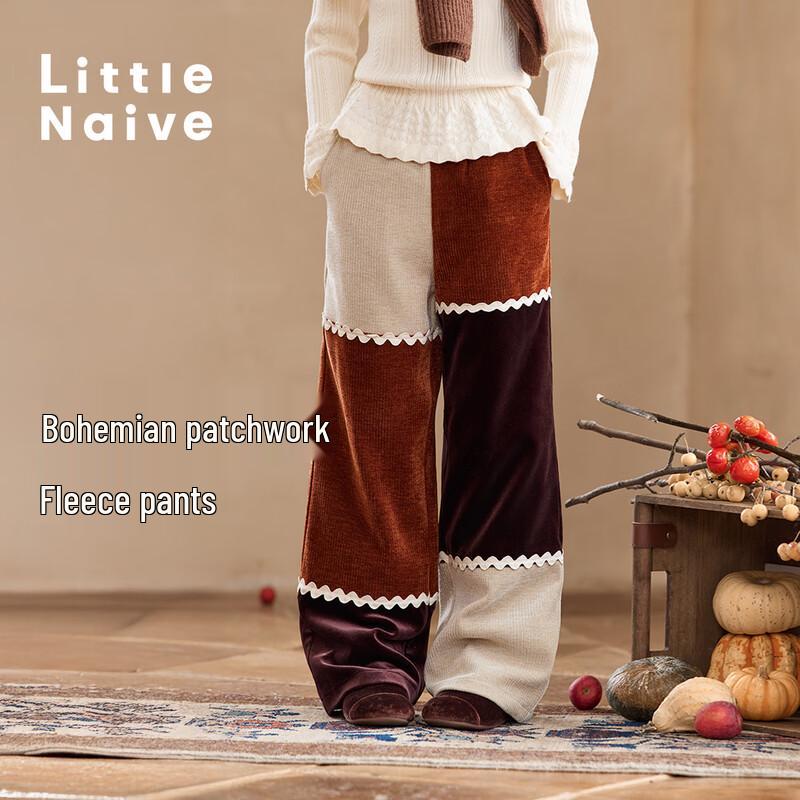 Little Naive Girl s Fleece-lined Corduroy Color-block Casual Pants 130