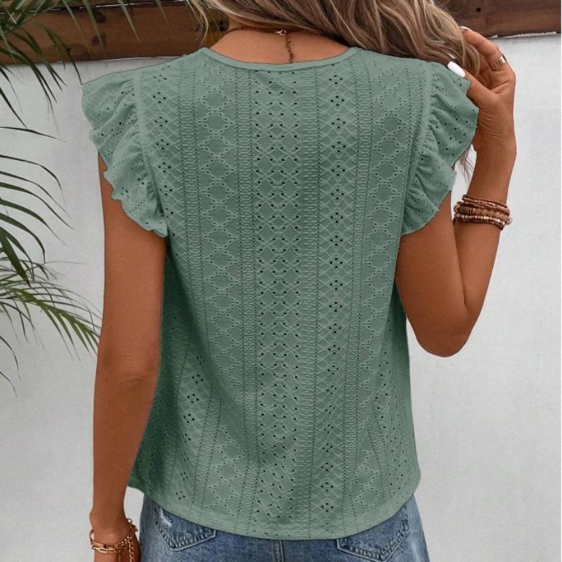 Summer New Round Neck Hollow Loose Lace Shirts Women Elegant Solid Ruffled Short Sleeve Casual Blouse Women Tops Slim Fit Vintage Fashion Shirt 26600
