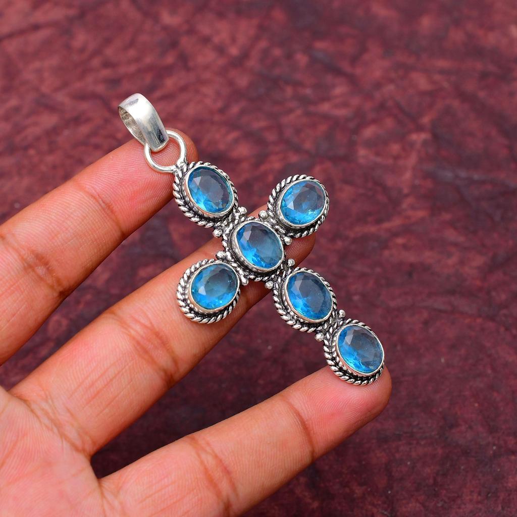 Blue Topaz Gemstone Cross Shape Pendant : 925 Sterling Silver Handmade Jewelry Pendant