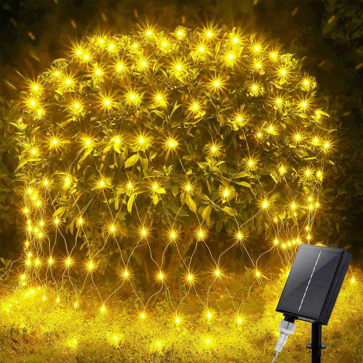 

100/200 светодиодов Светодиодная гирлянда-сетка на солнечной батарее Водонепроницаемая лампа-рыболовная сеть с 8 режимами освещения для улицы, газона, рождественского освещения 1.5X1.5M 100LED теплый белый