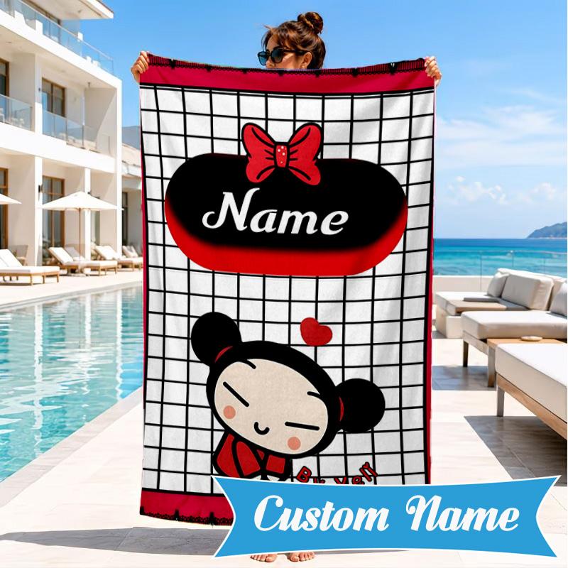 Custom Name Heartfelt Pucca Moment Beach Towel Microfiber Beach Towel, Lightweight and Quick-Dry, for Summer Travel, Swimming Pool Gift