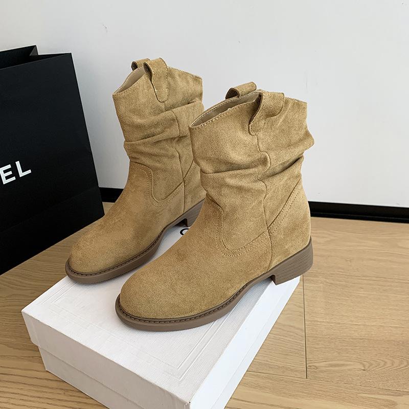 Retro round head stacking boots autumn new merard high heel western cowboy knight boots medium boots short boots