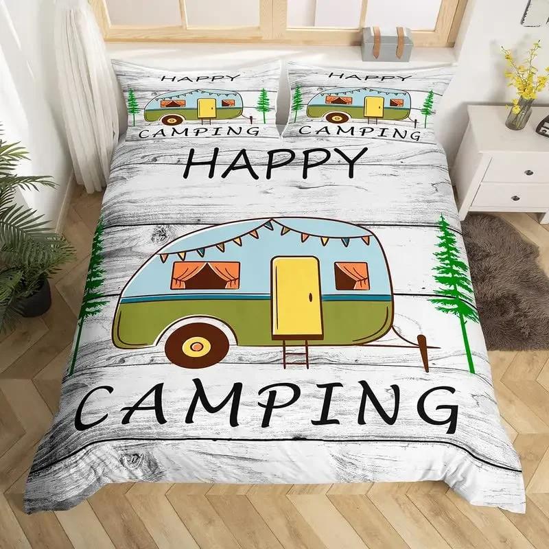 Camper Bedding Set Kids Happy Camping Duvet Cover Set Microfiber Rv Camping Quilt Cover Camper Accessories For Travel Trailers
