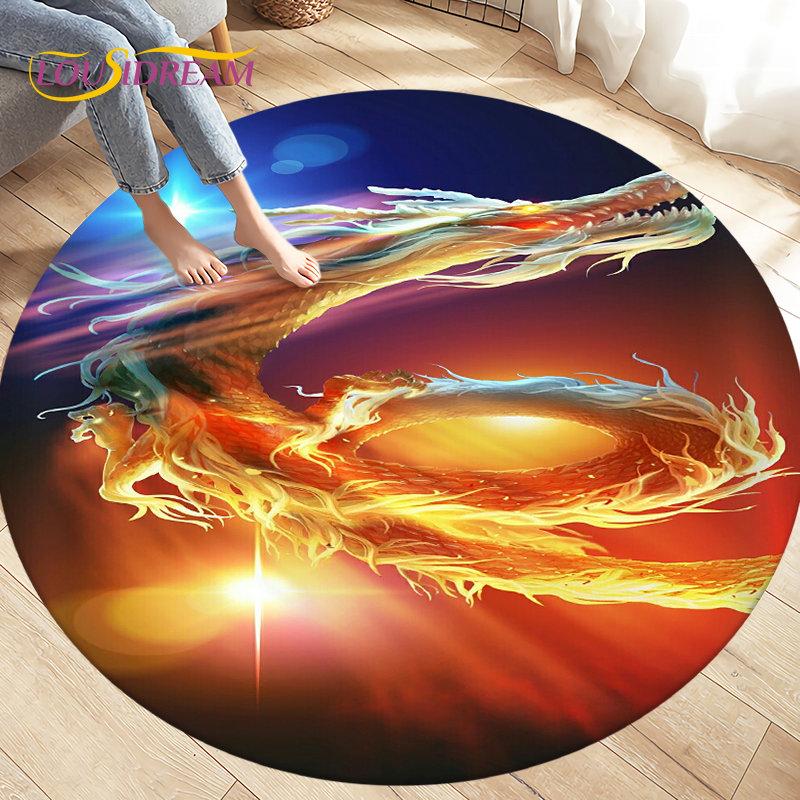 3D Cartoon Mysterious Dragon Area Rug,Round Carpet Rug for Living Room Bedroom Sofa Decoration,Kid Play Game Non-slip Floor Mat