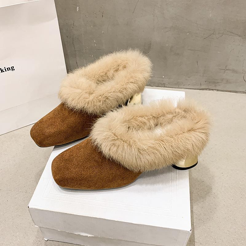 Autumn Winter Women's Fuzzy Slippers High Heel Mules Chunky Heel Plush Slides French Style Luxury Cotton Slippers Elegant Shoes