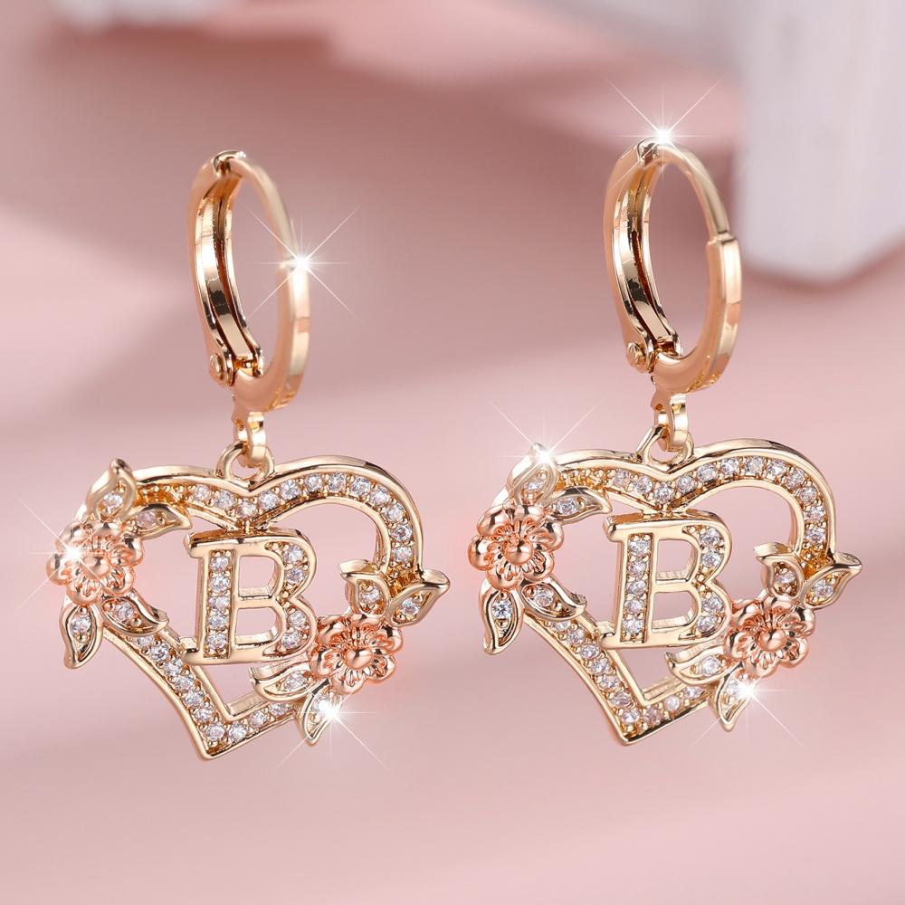 A-Z 26 Buchstaben Damen Herz Blume Creolen Vintage Goldfarbe Weiß Zirkon Hochzeits Schmuck Für Frauen