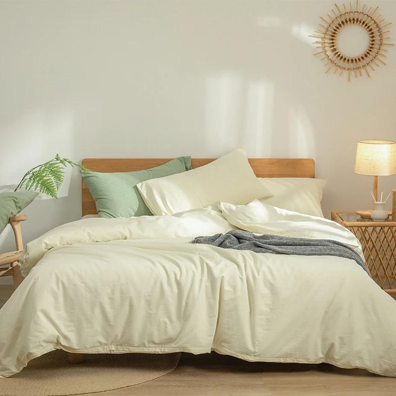 New minimalist color woven washed cotton four piece set, pure cotton bedding, thickened - solid color series