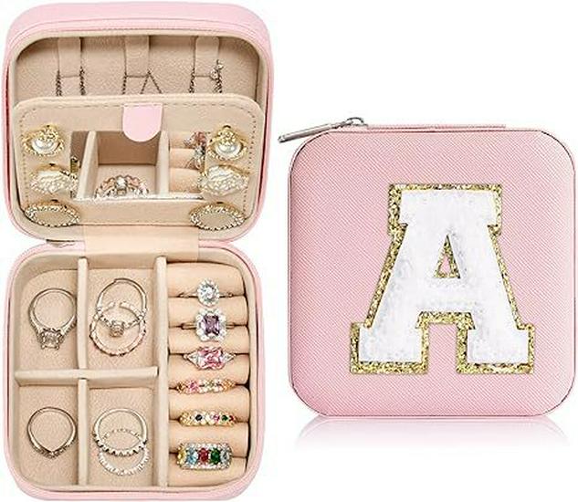 Large Capacity Jewelry Box for Stud Earrings and Rings - Portable Leather Storage with Letter Design