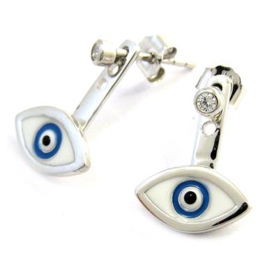 [N3028] - Silver 'Eye of Fatima' Blue and White Lobe Contour Earrings (rhodium Plated)
