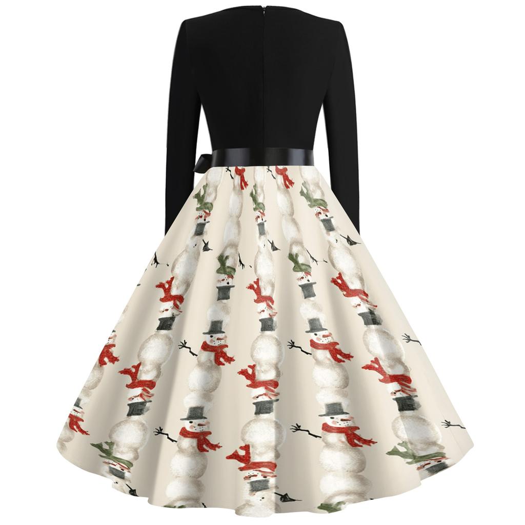 Women's Casual Vintage V-Neck Long Sleeve Dress with Christmas Print