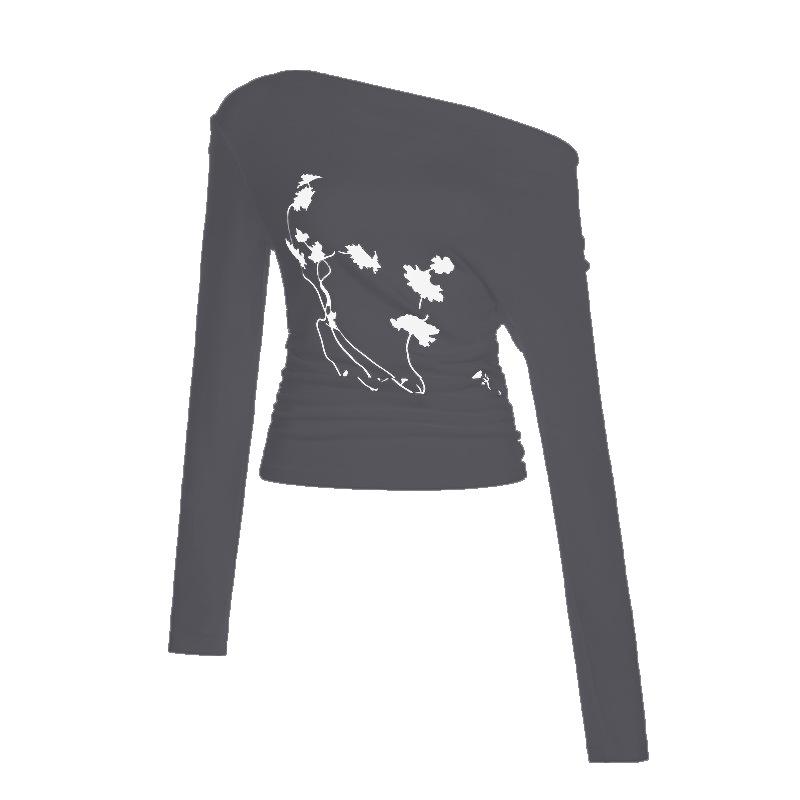 

Ретро Элемент Растительный Цветочный Принт Футболка с Открытыми Плечами Весна и Осень Личность Тонкий Топ L темно-серого