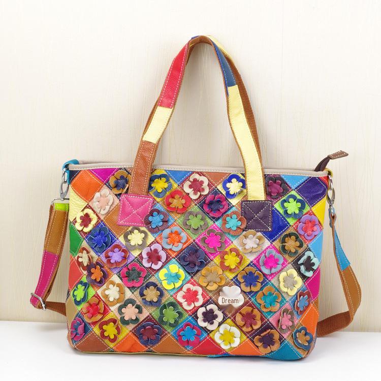 New Genuine Leather Ethnic Style Color Block Shoulder Tote Bag for Women