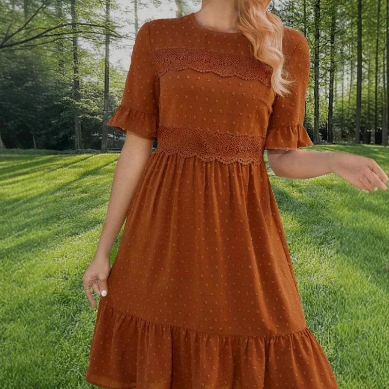Spring and Summer Women's Lace Patchwork Round Neck Peplum Sleeve Dress