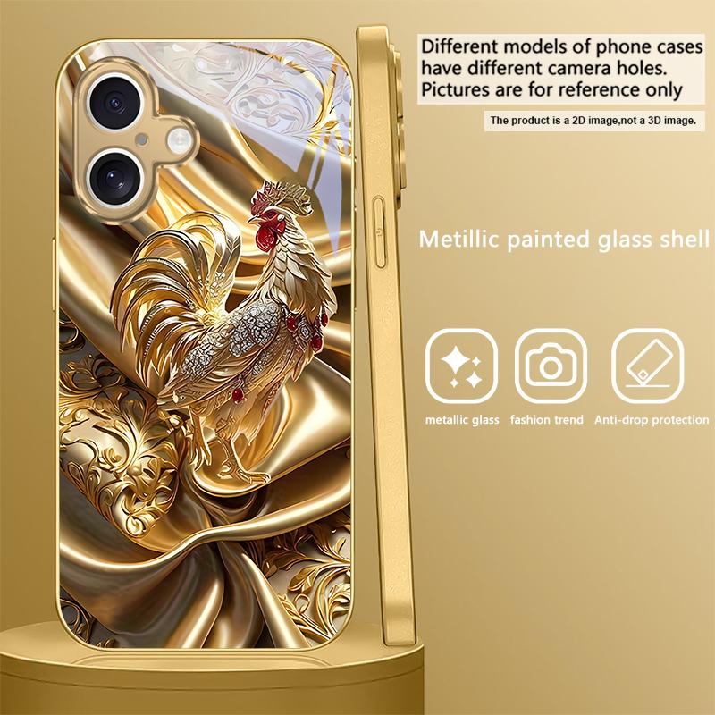 Golden Chicken Luxury For iPhone 16E 15 Pro 14 13 Plus 12 mini 11 15Pro 14Max 13Plus XR Xs X 16 Pro Max Golden glass phone case