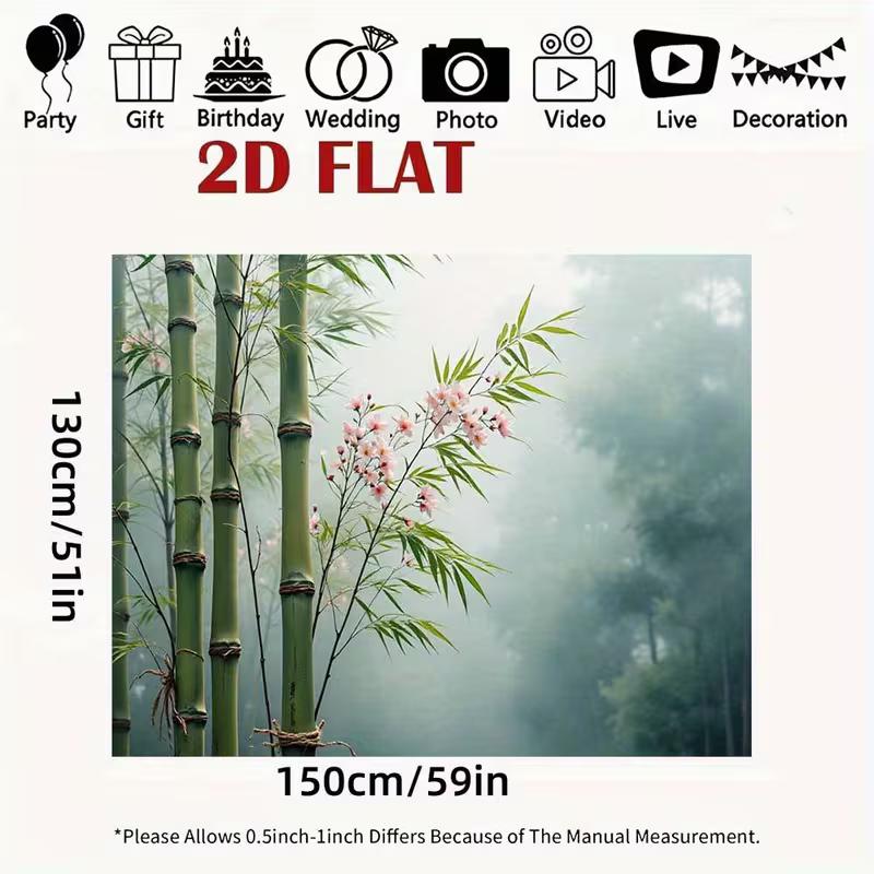 2D Oriental Bamboo Forest Backdrop Green Bamboo and Pink Flower Background 47.2x31.5inch/120*80cm