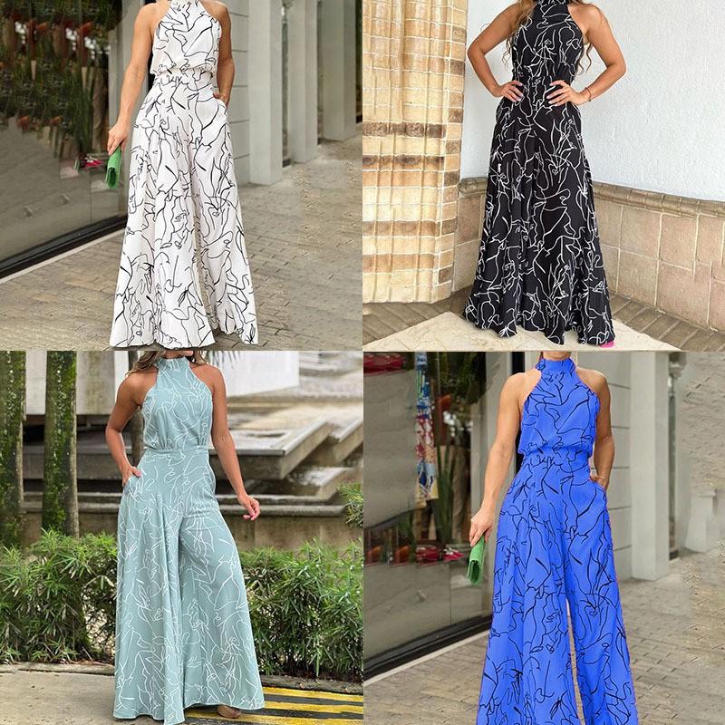 2026 Fashion Sexy Elegant Printed Sleeveless Wide-leg Jumpsuits Trousers