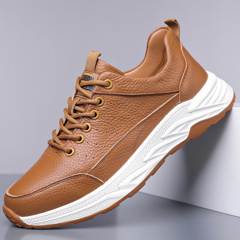 New men's casual shoes breathable first layer cowhide deodorant sports casual board shoes daily versatile white shoes genuine leather