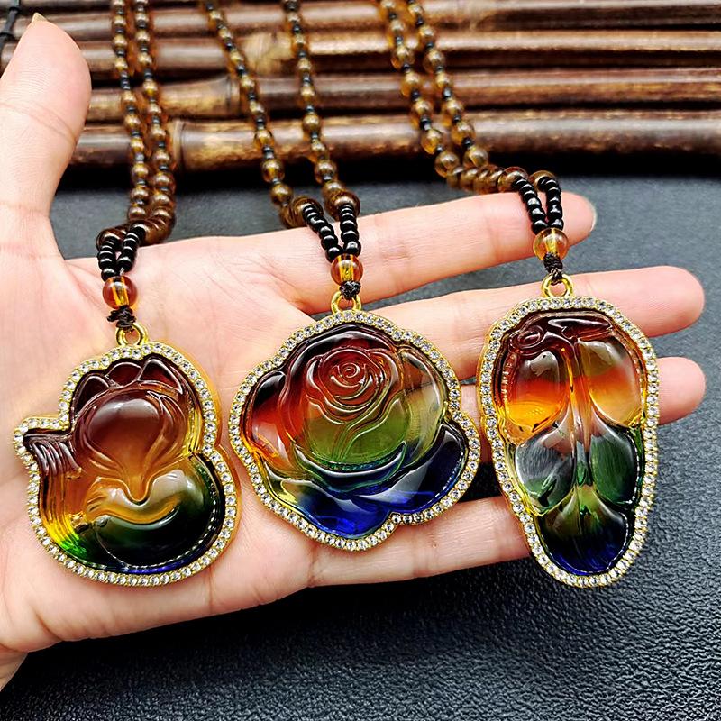 New Color Colored Glass Guanyin Buddha Pendant Necklace in Various Styles for Autumn and Winter