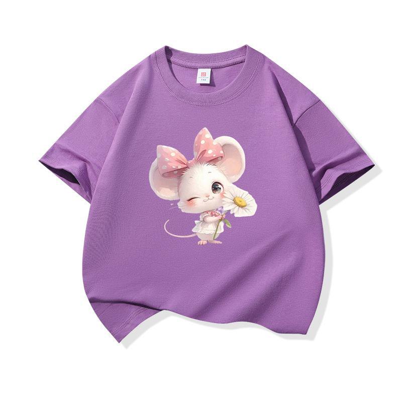 Kids Cotton T Shirt Adorable Mouse With Bow  Flower Print Crew Neck Short Sleeve Tee Casual Boys Girls Summer Tops