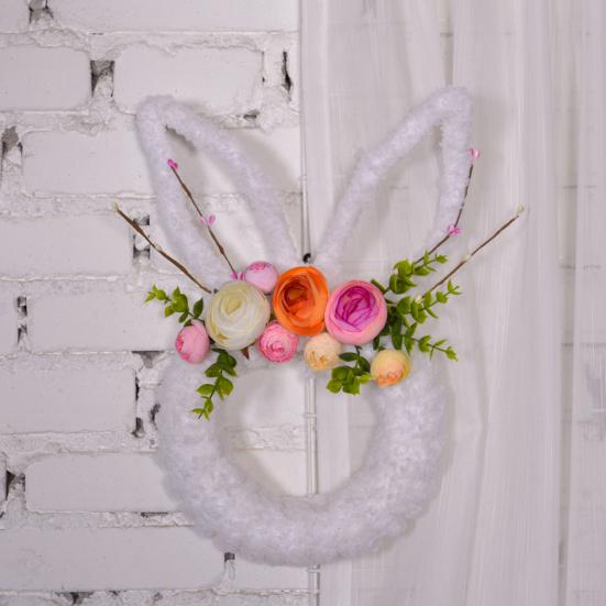 Easter Bunny Wreath for Front Door Yarn Wrap Rabbit Shaped Wreath with Artificial Flowers for Spring Porch Wall Window Indoor Outdoor Decor