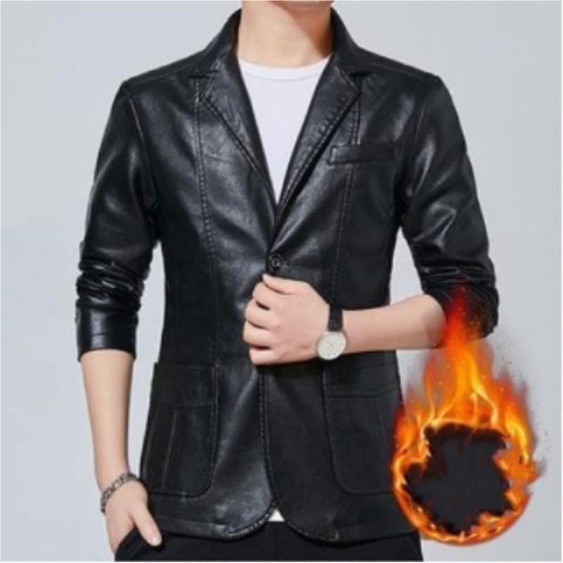 Men's Autumn Business Slim-Fit Suit Collar Leather Jacket Youth Round Hem Single-Breasted Motorcycle Jacket