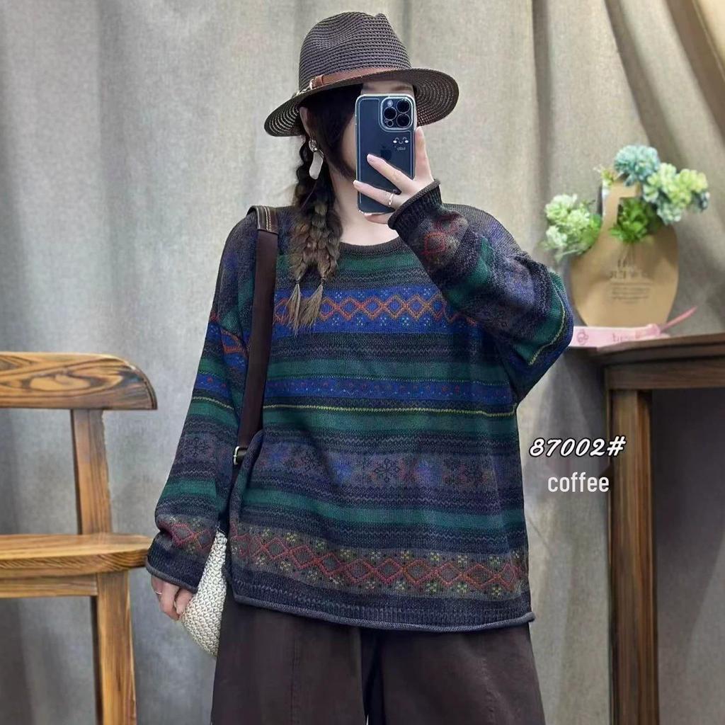 2026 Autumn Retro Striped Distressed Knit Sweater - Loose Round Neck Pullover Base Layer