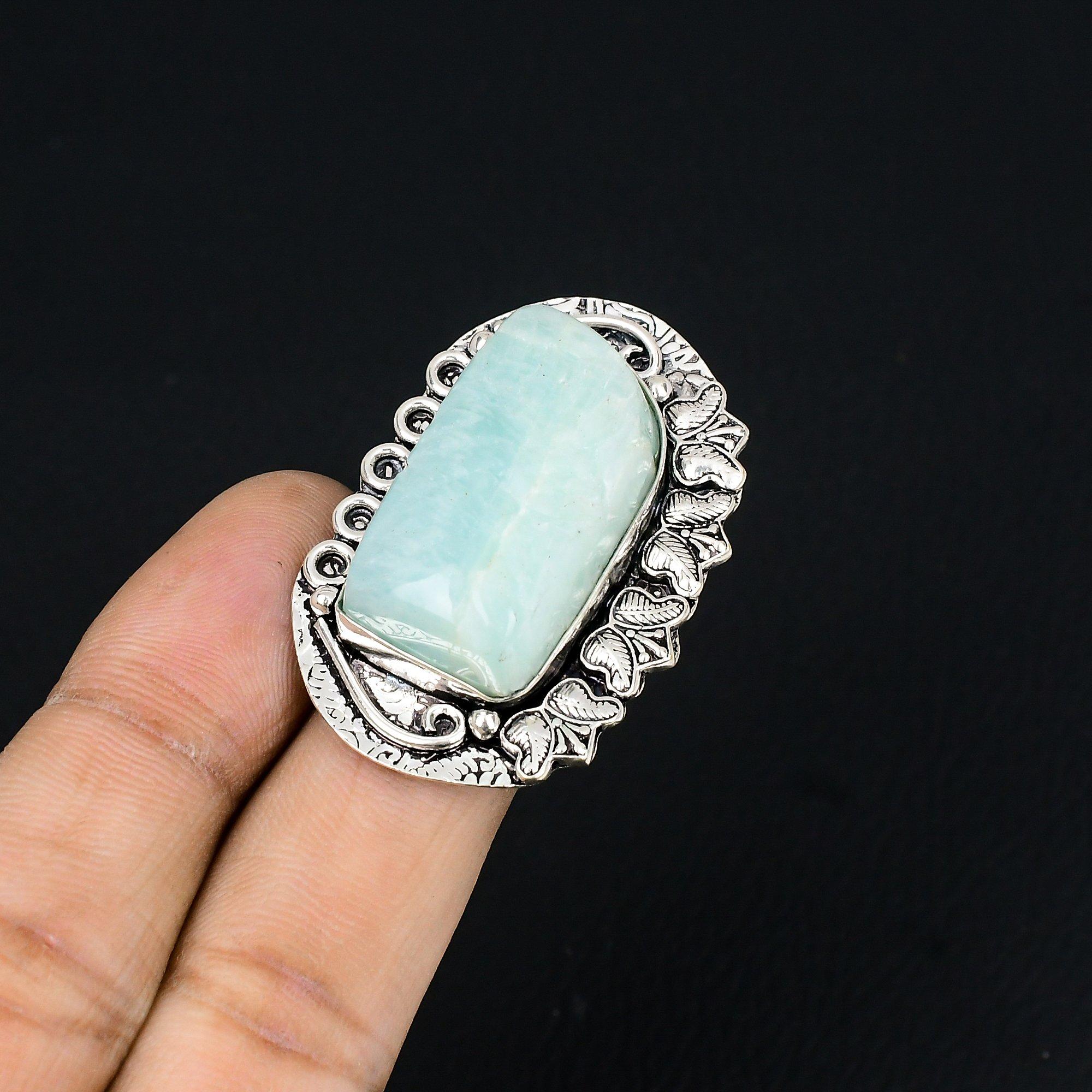 Daughters Day Deal Natural Carved Amazonite New Statement Ring 925 Silver US 7.5 7.5