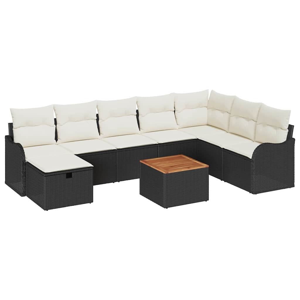 9 Piece Garden Sofa Set with Cushions Black Poly Rattan