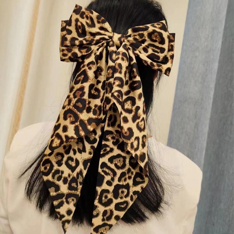 Vintage Leopard Print Bowknot Hairpin Long Ribbon Back Head Spring Clip Ponytail Headwear for Women Elegant Versatile Hairpin