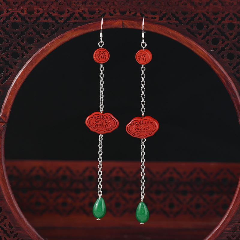 Original cinnabar earrings niche design retro long fringed earrings, natal red earrings for women