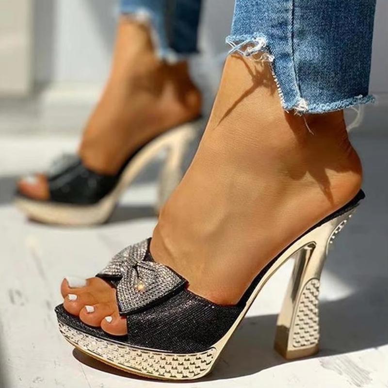 Fashion Trendy Fashion Female Bowknot Sexy Slippers 2025 Summer Slippers Women Platform Crystal Thick High Heels Shoes Woman