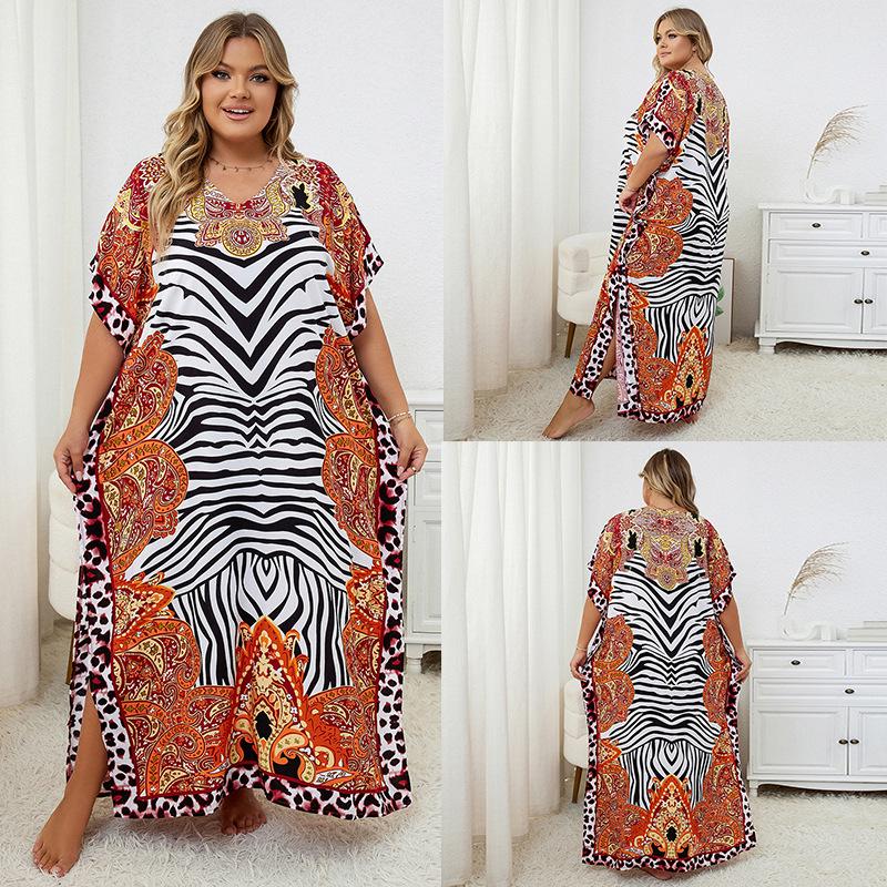 European-American Rayon Print Plus Size Beach Cover-Up Dress & Long Robe