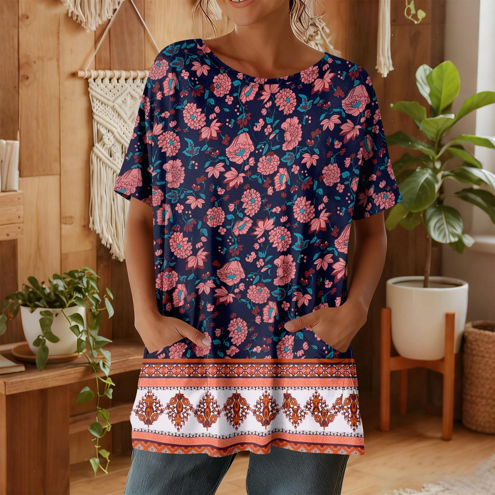 

Women s Fashion Casual Short Sleeve Floral Print Top M Темно-синій