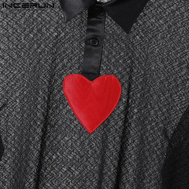 INCERUN Pánská krajková trička s dlouhým rukávem Síťovina Průhledná klopa Potisk krku Průhledné topy