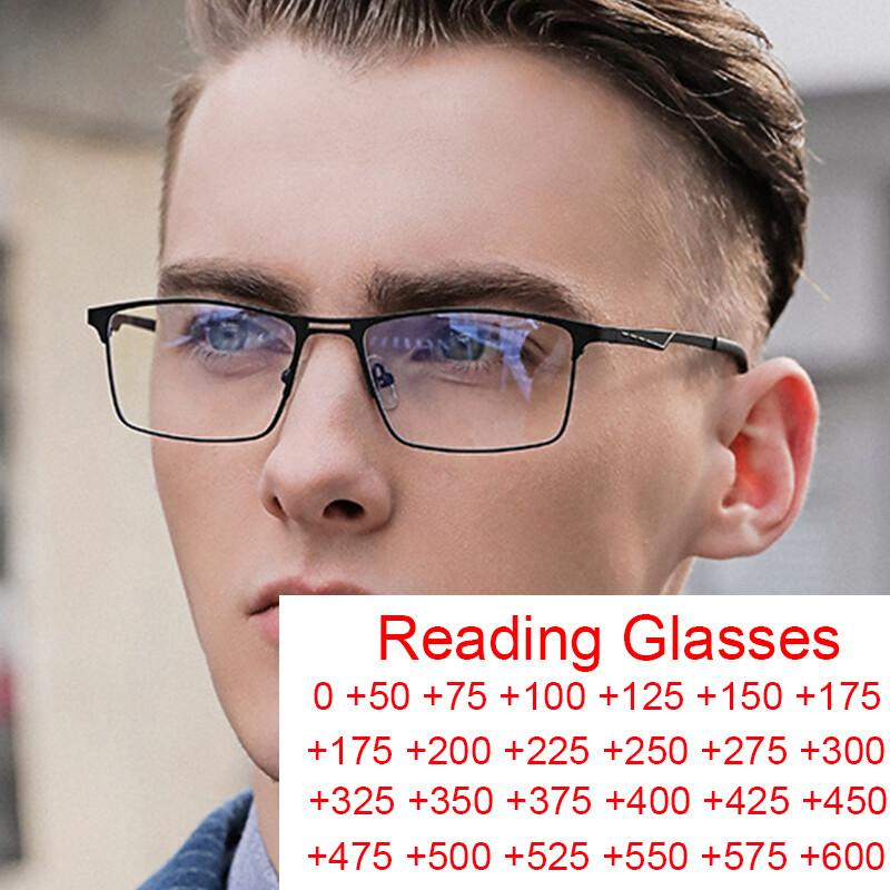 Mens Anti Blue Light Reading Glasses Business Style Office Computer Square Eyewear Ultralight Metal Prescription