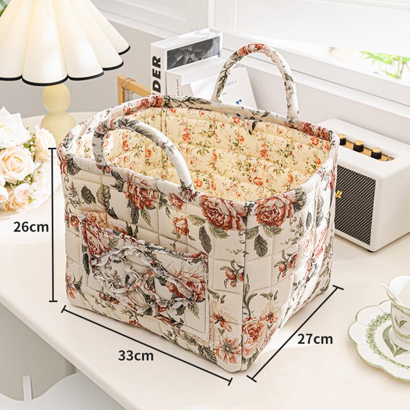 Floral Large Capacity Fabric Laundry Hamper with Easy Carry Handles Rural Pastoral Style Clothing Storage Baskets Home Organizer