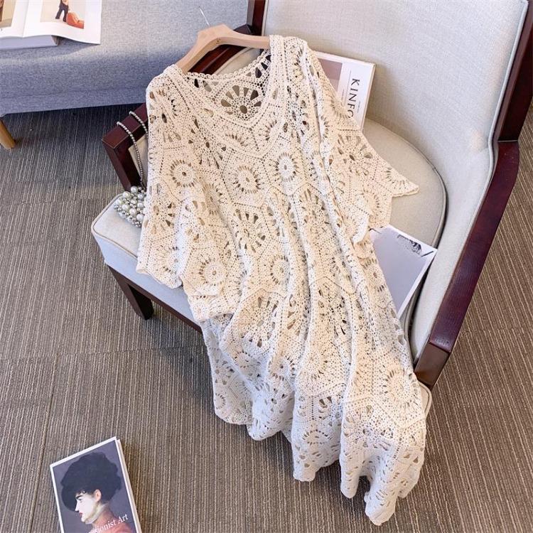2026 Summer Women Lace Long Knitted Dress Casual Loose Sleeve Basic White Dress New Dimanaf Fashion One Size