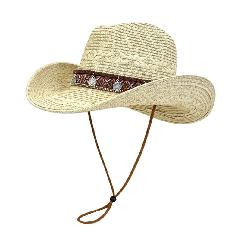 Ethnic Style Western Cowboy Hat Women's Summer Western Sichuan Travel Straw Weaving Big Eaves Sunshade Panama Straw Hat Mountaineering Hat