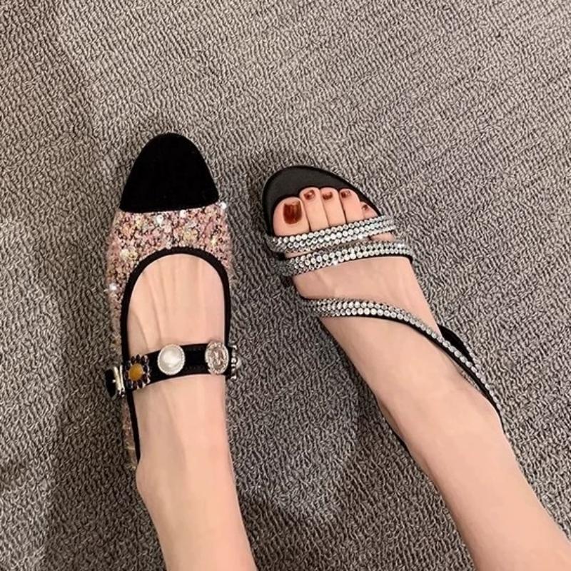 Fashion Women Ballet Flats Fall Low Heel Pumps Knitted Mary Jane Shoes New Design Rhinestone Buckle Flat Shoes Mary Jane Buckle Low-heel